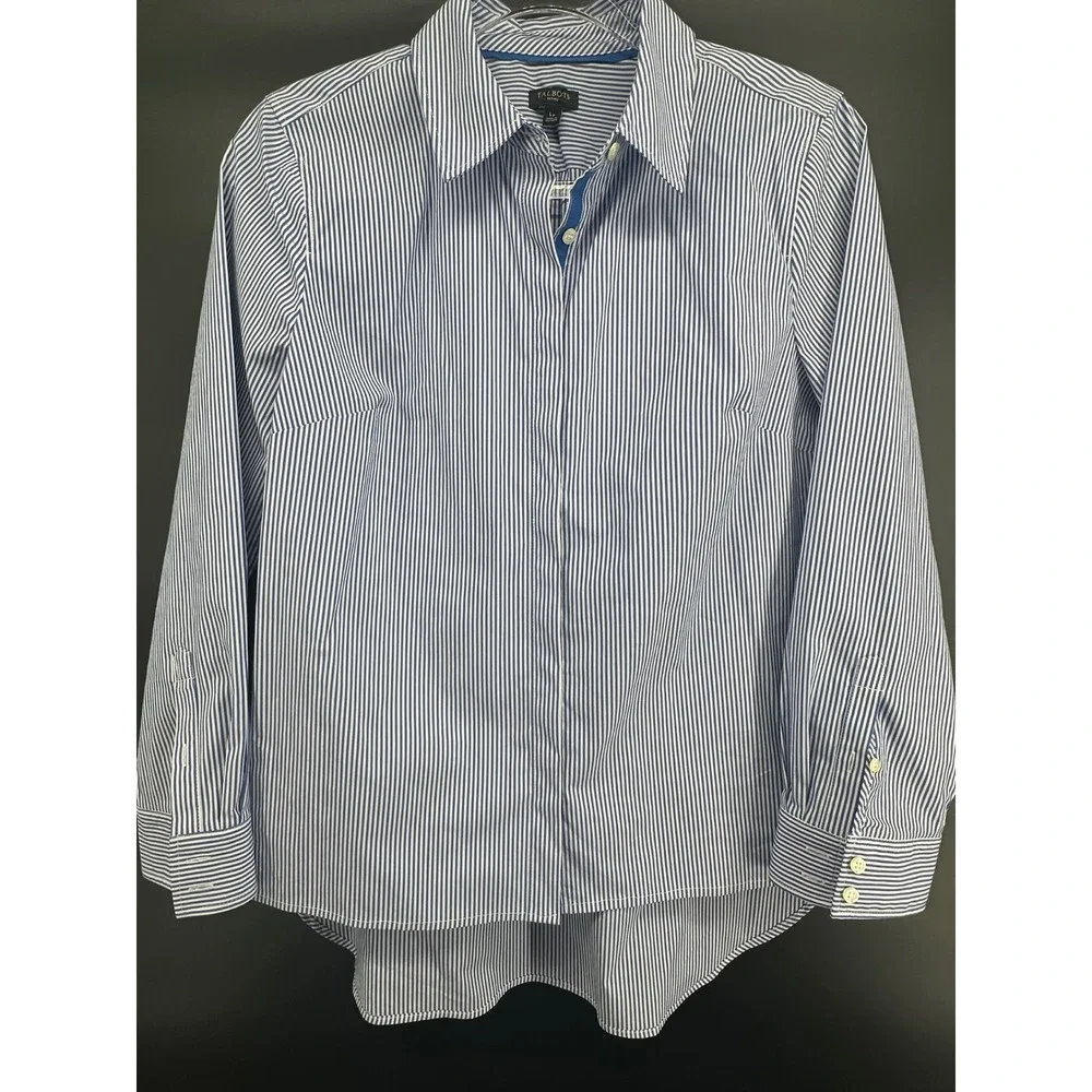 Talbots Petites Blue White Pinstripe Hidden Placket Button Up Shirt LP Preppy